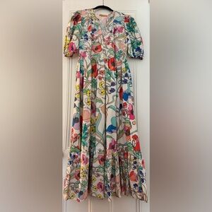 OLIPHANT White- multi color Puff Sleeve Maxi Dress in XS.